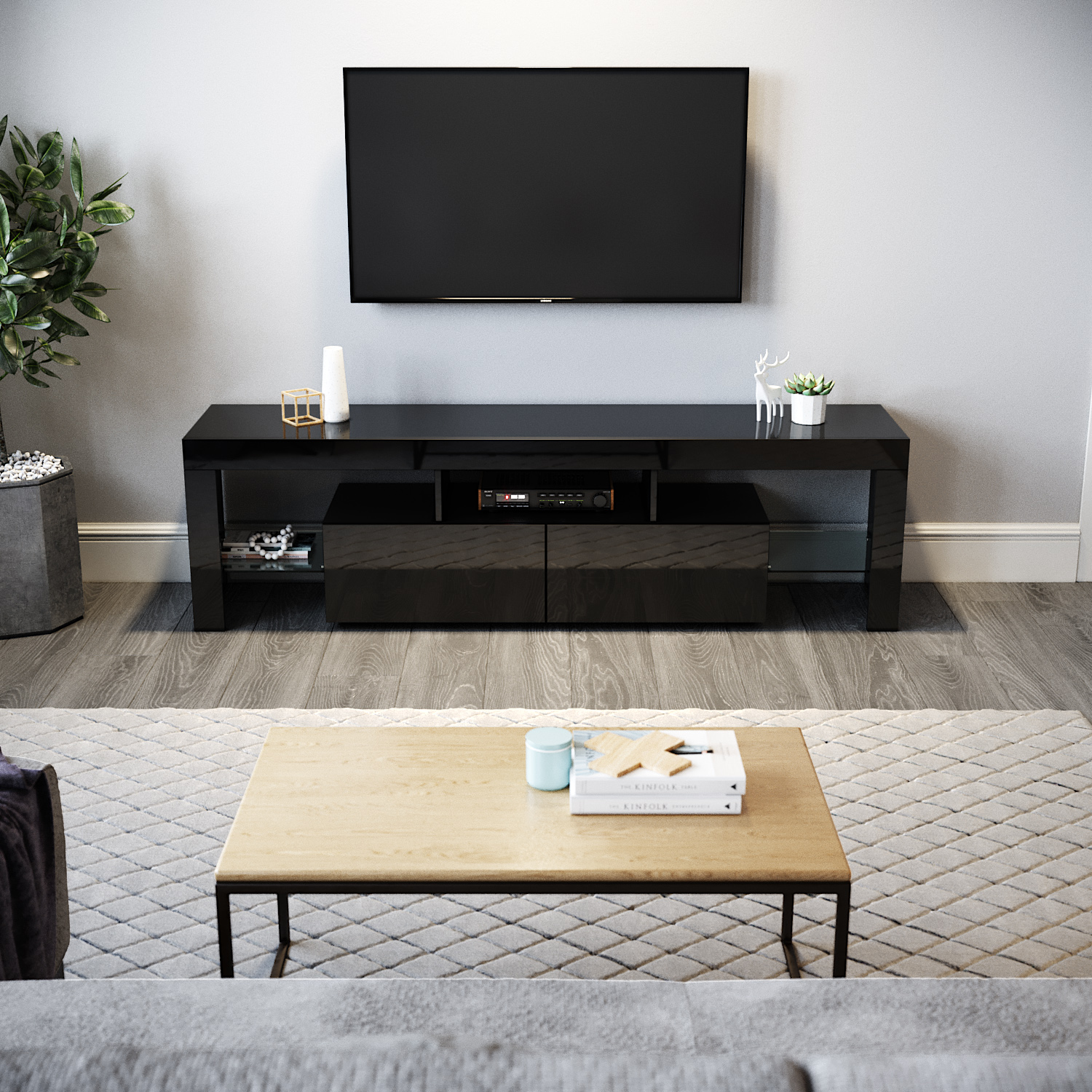 Modern TV Entertainment Unit Black Stand Cupboard with LED High Gloss